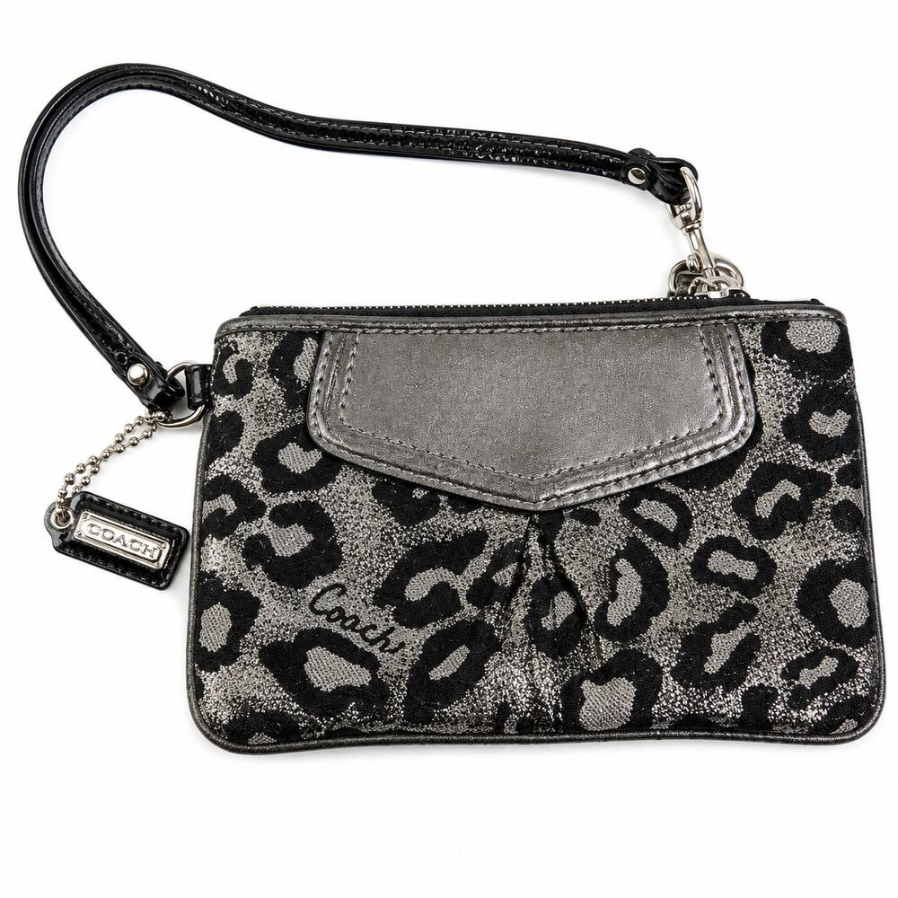 Coach Leopard Print Jacquard Wristlet Wallet Metallic Silver Black